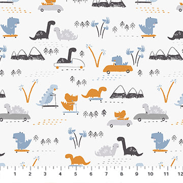FIGO Fossil Folks Dino Town quilting fabric in White