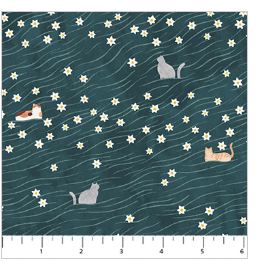 FIGO Paws and Play Cat Field quilting fabric in Teal