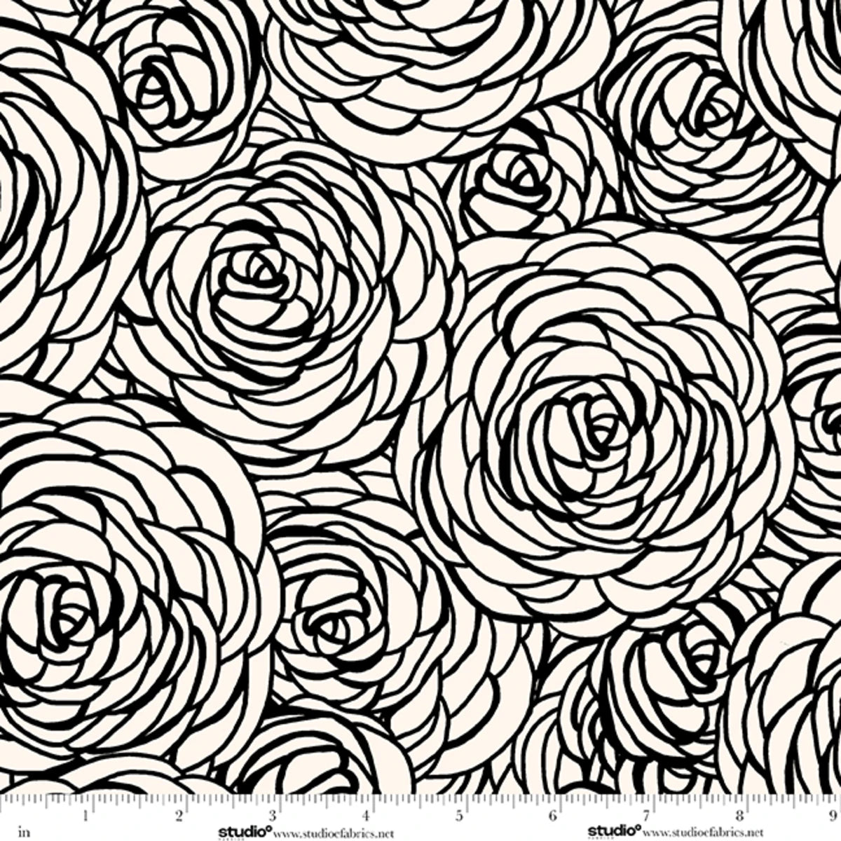 Monochrome Muse Peony Swirl Porcelain/Ebony Cotton 44"/45" Fabric Per Yard