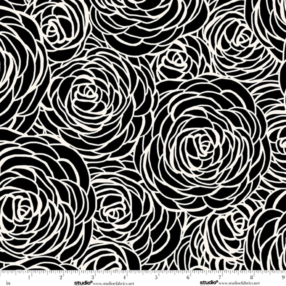 Monochrome Muse Peony Swirl Ebony/Porcelain Cotton 44"/45" Fabric Per Yard