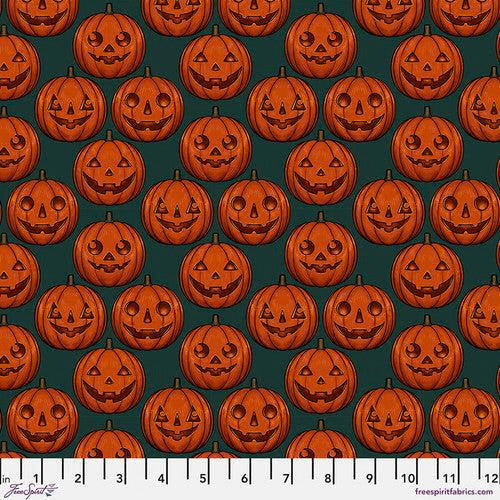 Mystic Moonlight Green Pumpkin Grid Halloween quilting fabric by Rachel Hauer for Free Spirit