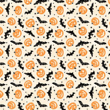 Wilmington Midnight Hauntings Cream Bats and Pumpkins Halloween quilting fabric