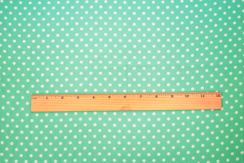 Green-White Polyester Polka Dots Printed Momie Georgette Woven Fabric