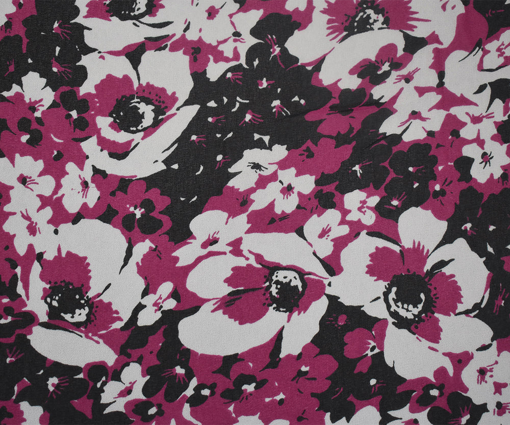 Magenta-Black-White Floral Printed Poly Chiffon Woven Fabric