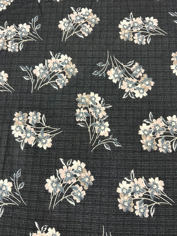 Black Floral Print Ripstop Look Poly Chiffon Fabric