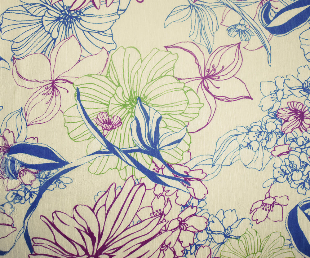 Ivory-Purple-Multi Floral Printed Poly Yoryu Chiffon Woven Fabric