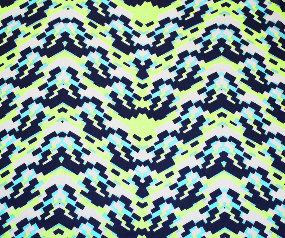Navy-Lime Green-Multi Pixel Printed Poly Chiffon Woven Fabric