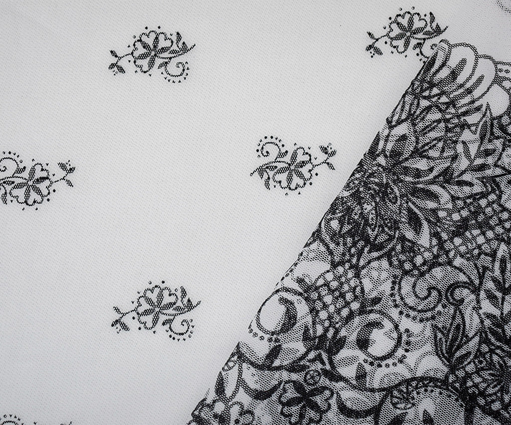 White-Black Nylon Floral Border Printed Mesh Tulle Knit Fabric