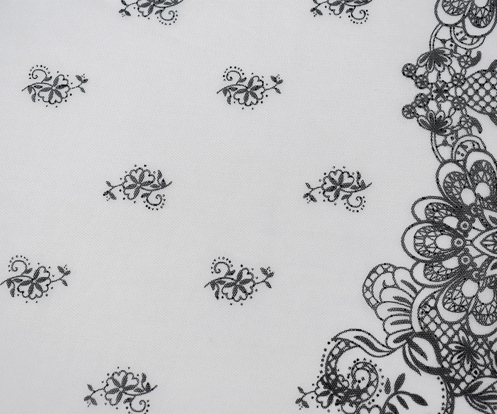 White-Black Nylon Floral Border Printed Mesh Tulle Knit Fabric