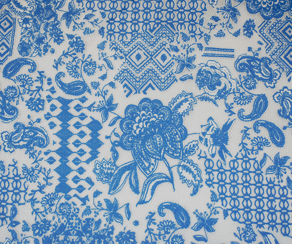 Cobalt Blue-White Poly Cotton Floral Multi Pattern Lace Mesh Knit Fabric