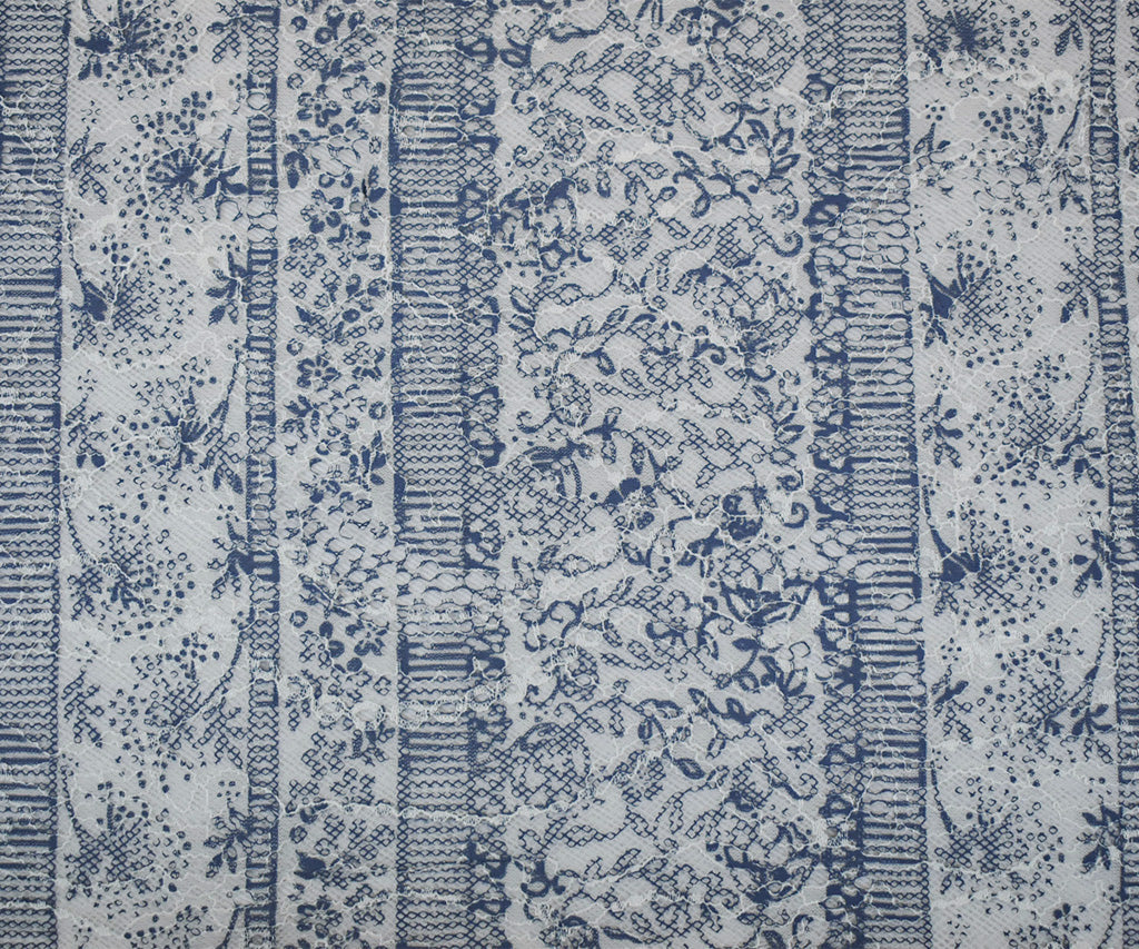 White-Blue Nylon Rayon Floral Stripe Printed Lace Mesh Knit Fabric