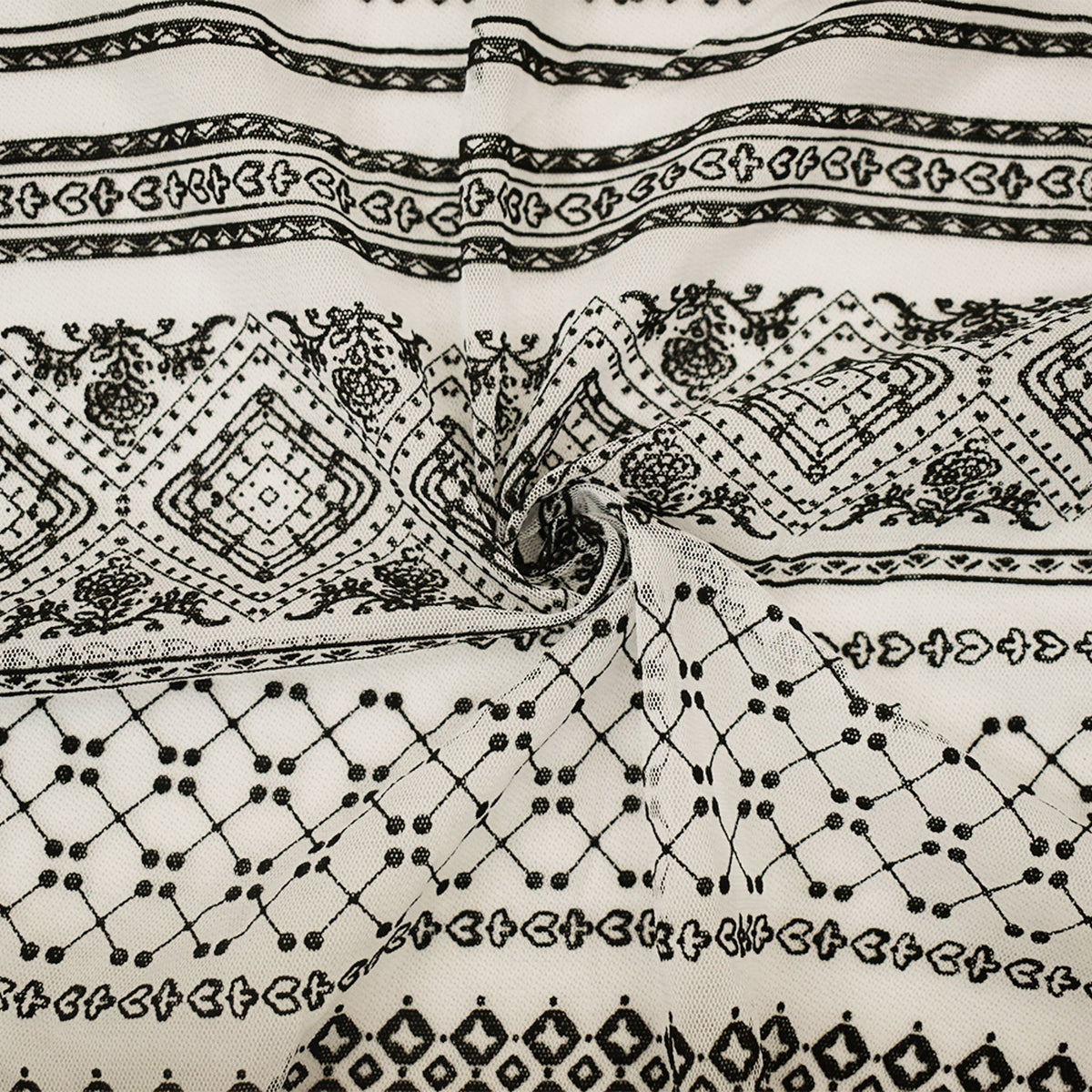 White-Black Nylon Diamond Multi Printed Tulle Mesh Knit Fabric