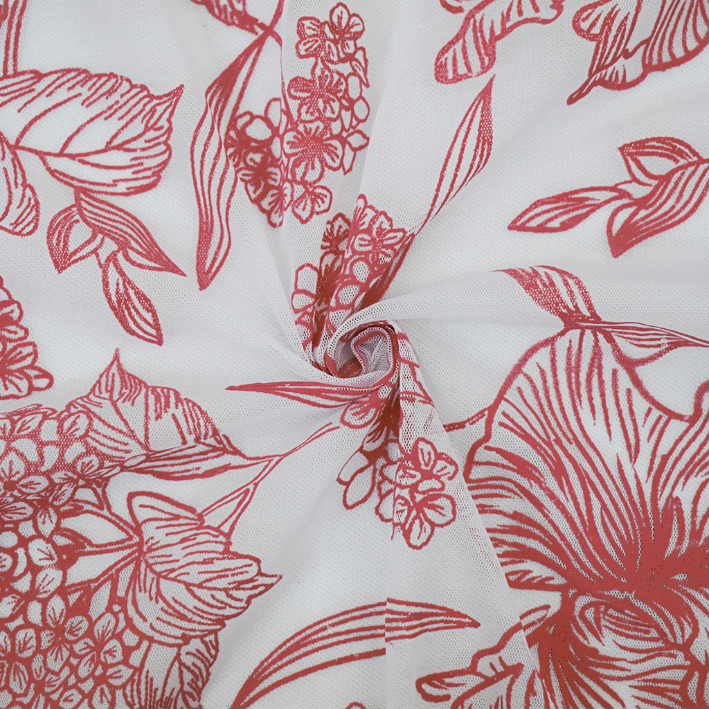 White-Red Nylon Floral Printed Tulle Mesh Knit Fabric