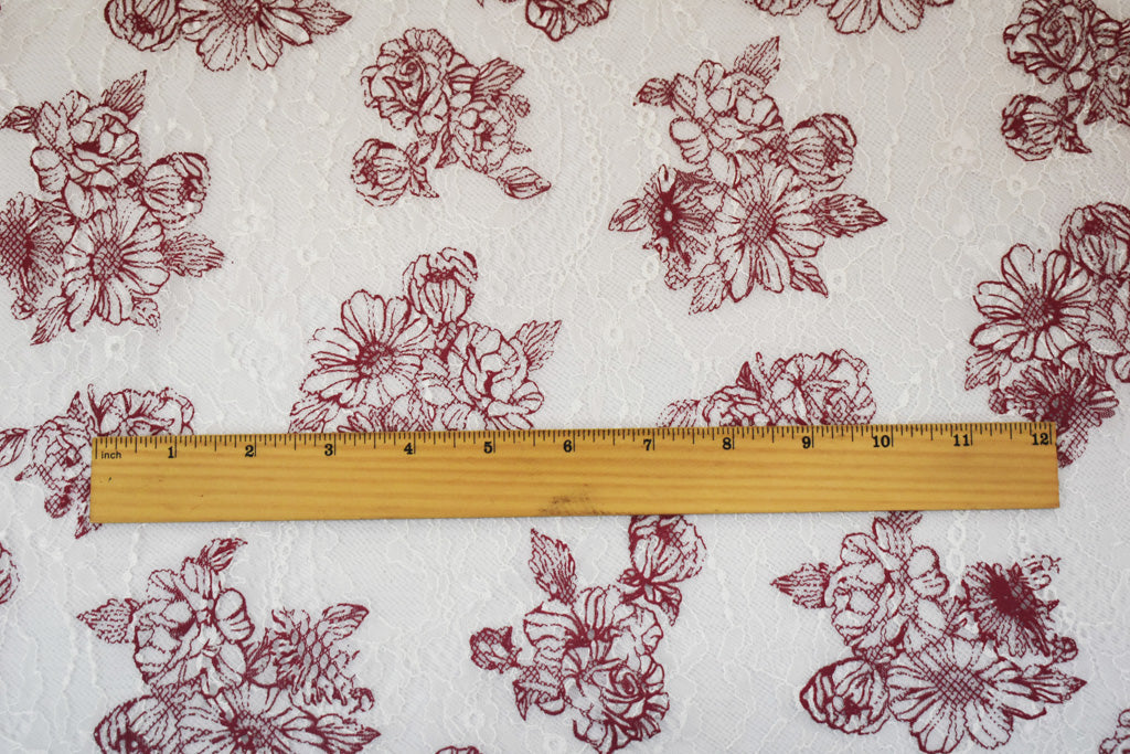 White-Deep Red Nylon Floral Printed Lace Mesh Knit Fabric