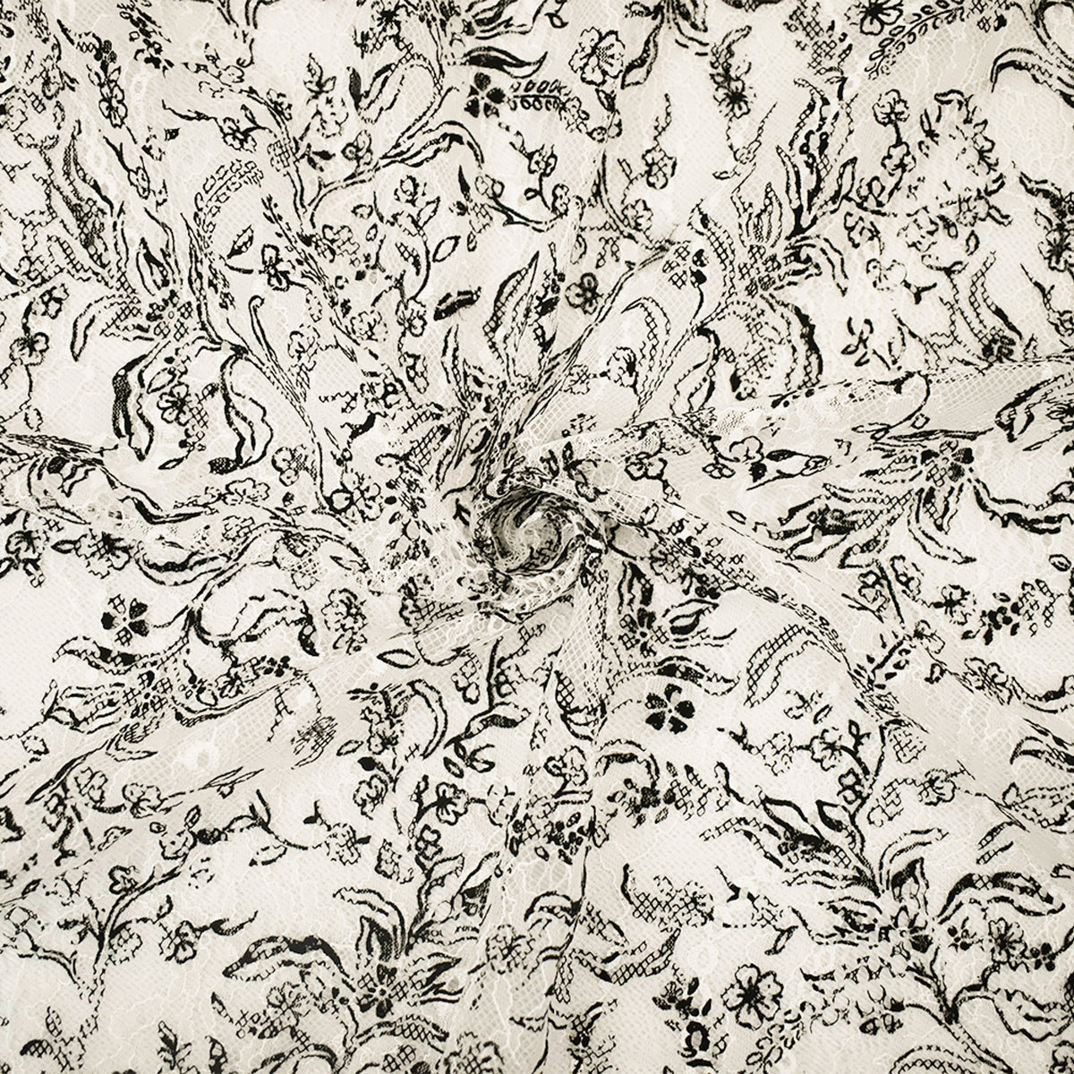 White-Black Nylon Floral Vine Printed Lace Mesh Knit Fabric