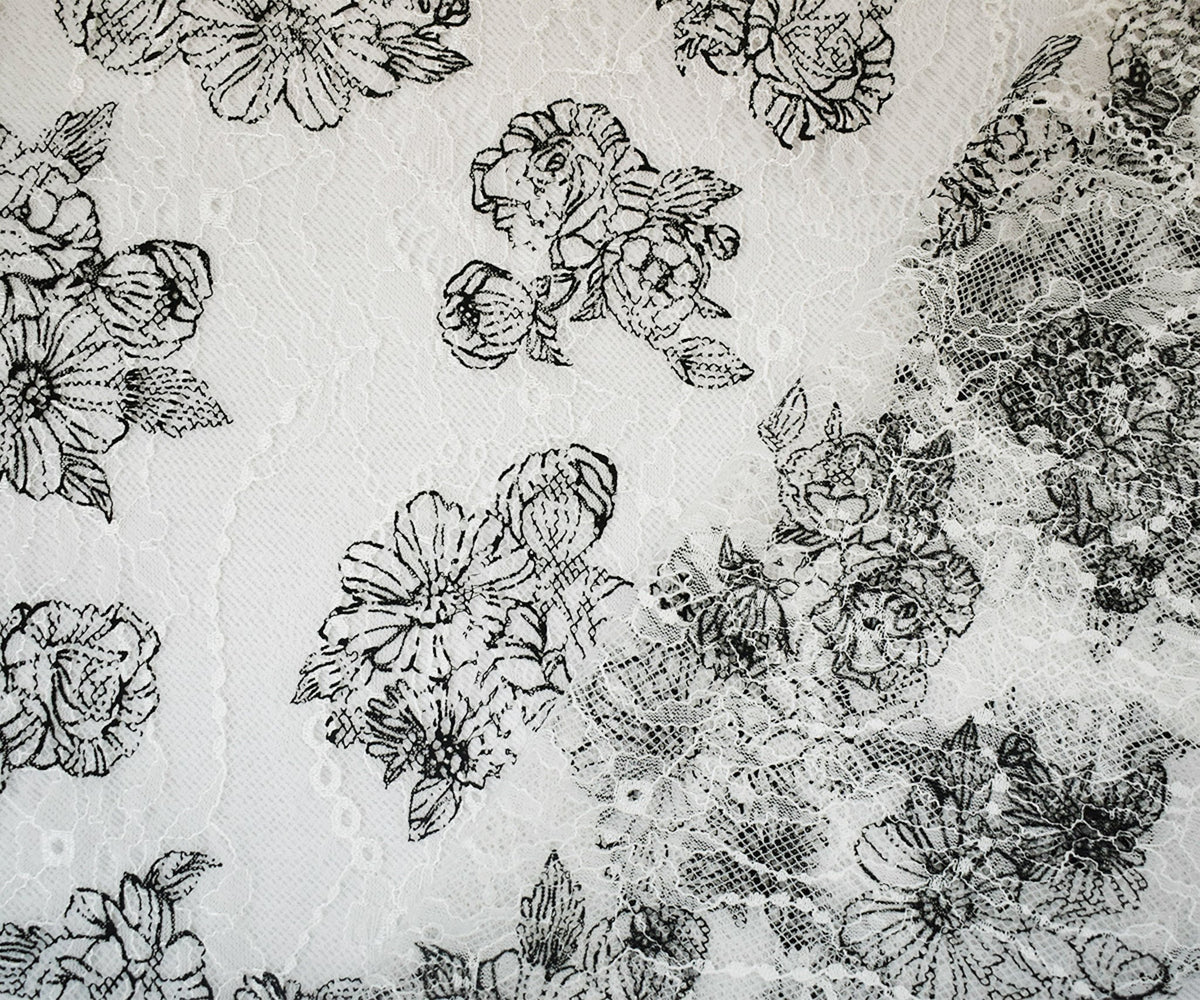White-Black Nylon Floral Printed Lace Mesh Knit Fabric