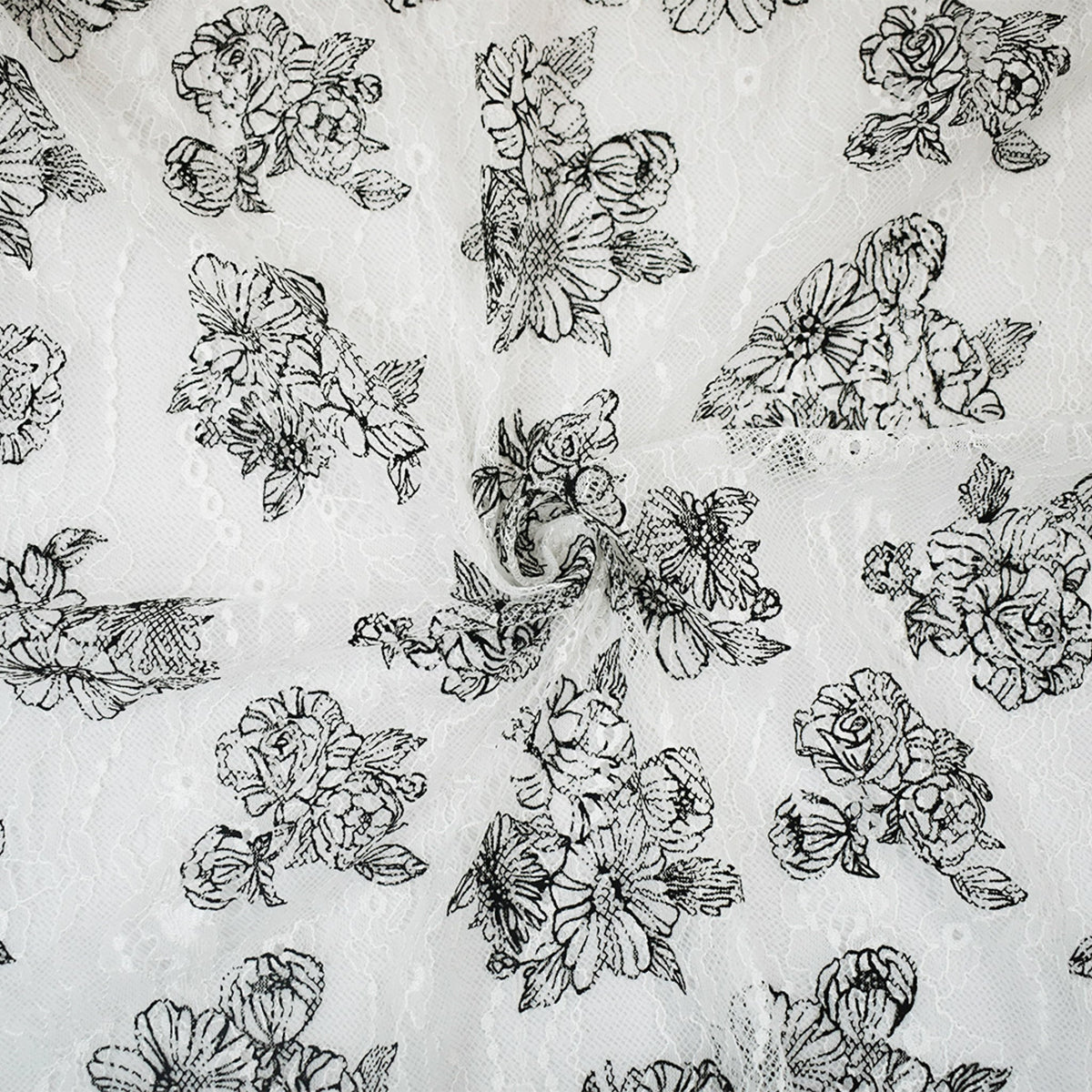 White-Black Nylon Floral Printed Lace Mesh Knit Fabric