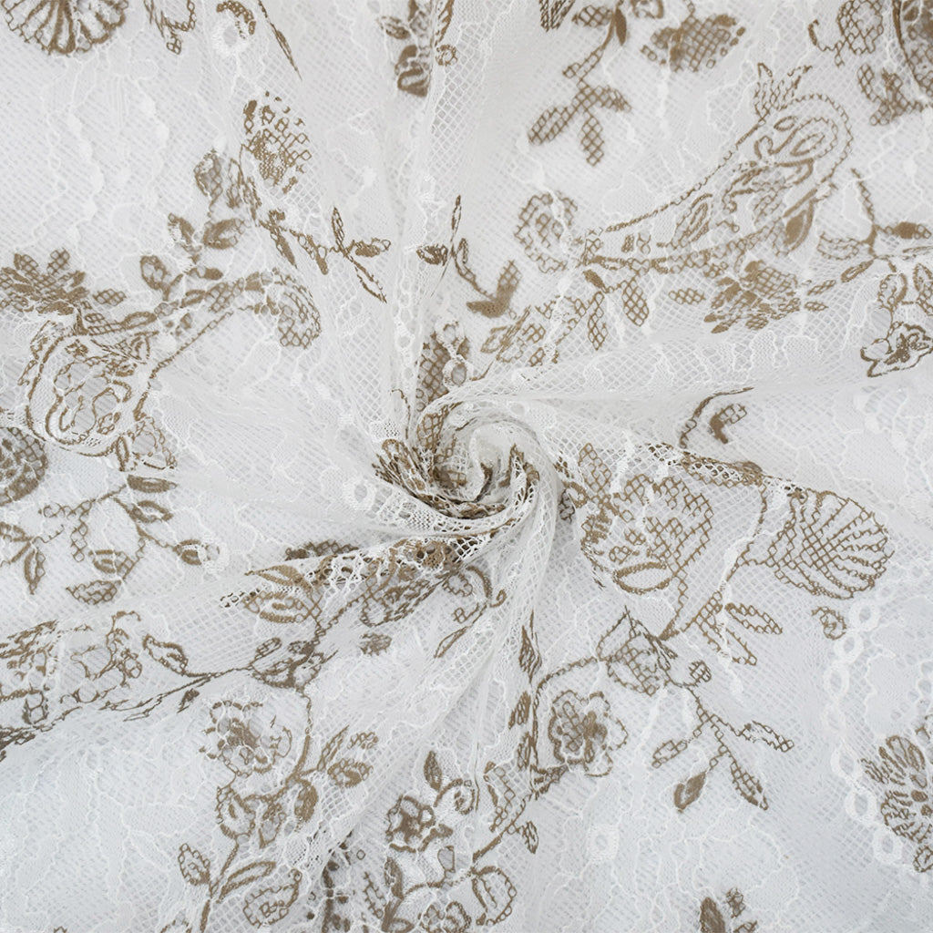 White-Brown Nylon Floral Printed Lace Mesh Knit Fabric