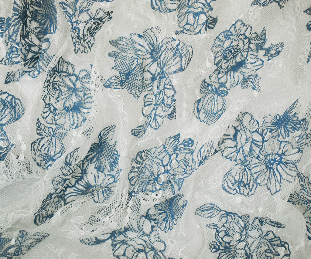 White-Blue Nylon Floral Printed Lace Knit Fabric