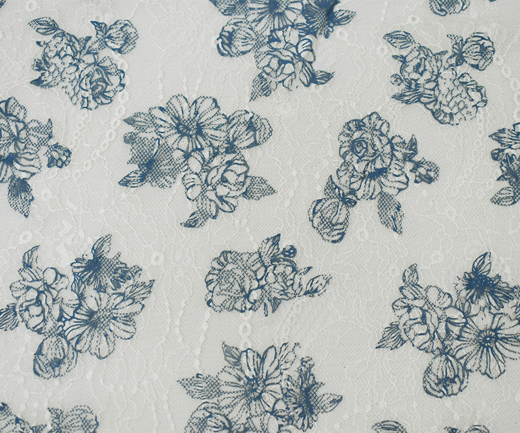 White-Blue Nylon Floral Printed Lace Knit Fabric