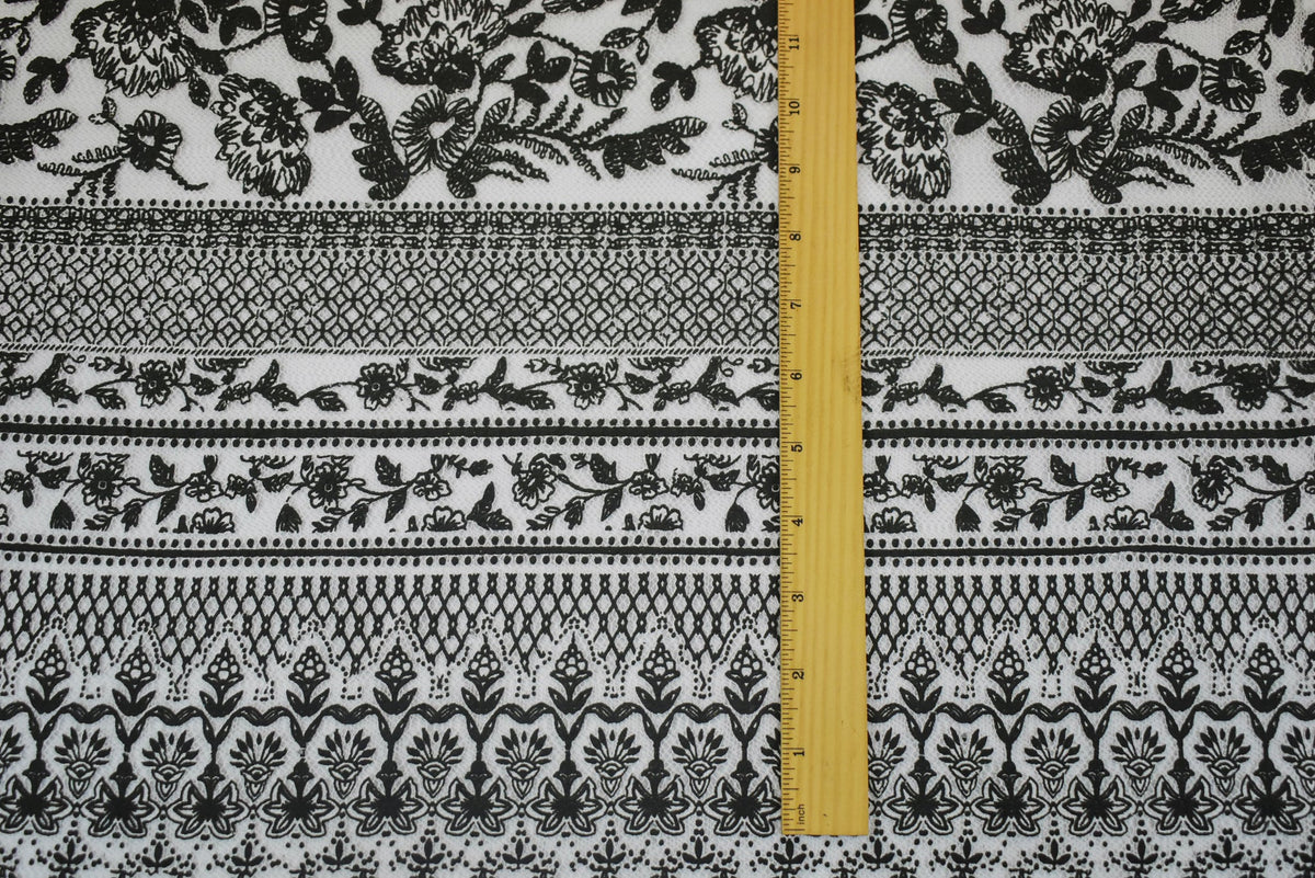 Black-White Cotton Nylon Floral Printed Mesh Fabric