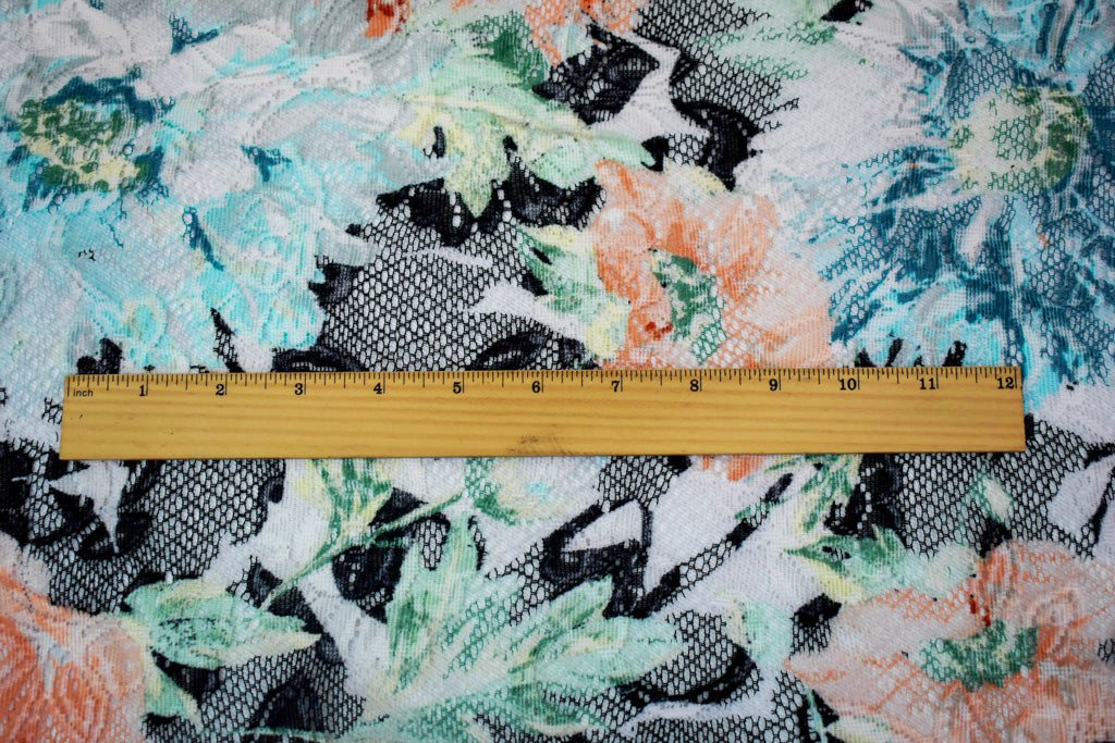 Black-Orange-Multi Nylon Floral Printed Lace Mesh Knit Fabric
