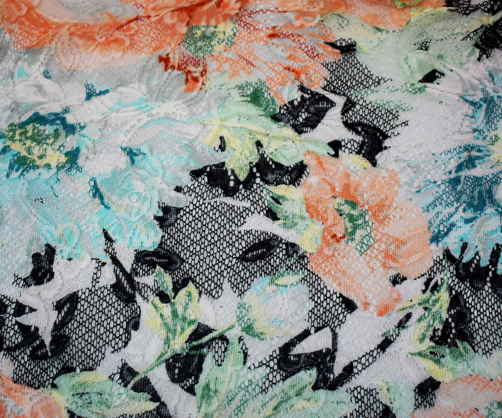 Black-Orange-Multi Nylon Floral Printed Lace Mesh Knit Fabric