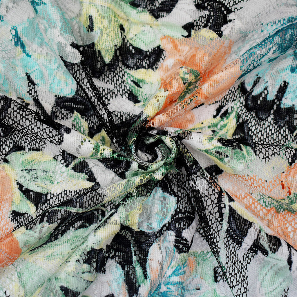 Black-Orange-Multi Nylon Floral Printed Lace Mesh Knit Fabric