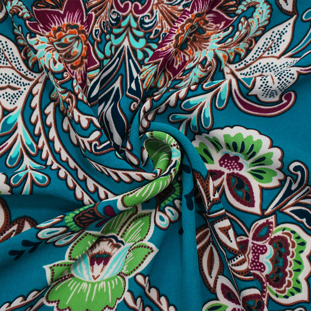 Teal-Green-Multi Poly Floral Baroque Printed Chiffon Woven Fabric