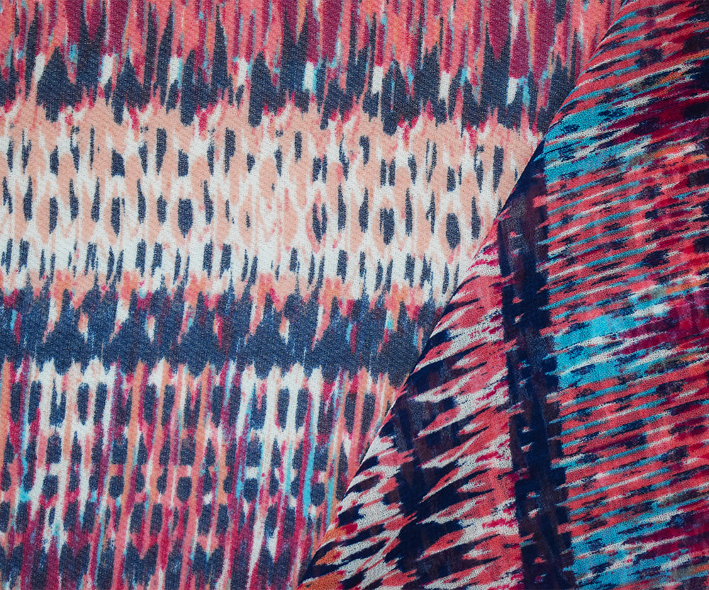 Navy-Coral-Multi Poly Aztec Ikat Printed Chiffon Woven Fabric