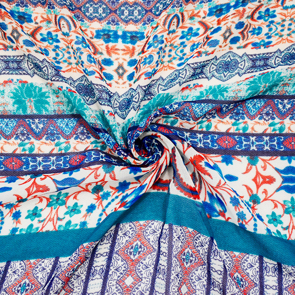 Tuquoise-Orange-Multi Multi Pattern Printed Chiffon Woven Fabric