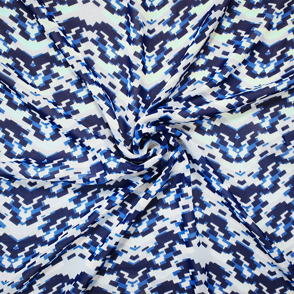 Blue-White Poly Pixel Chevron Printed Chiffon Woven Fabric