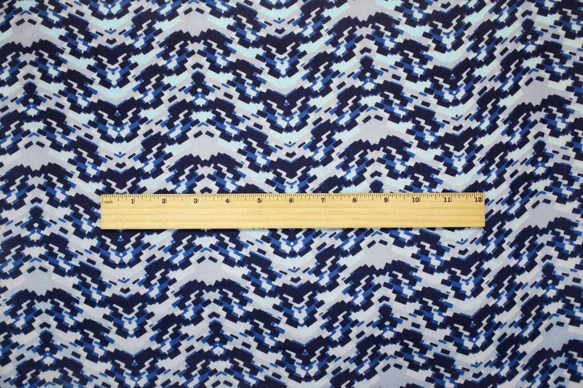 Blue-White Poly Pixel Chevron Printed Chiffon Woven Fabric