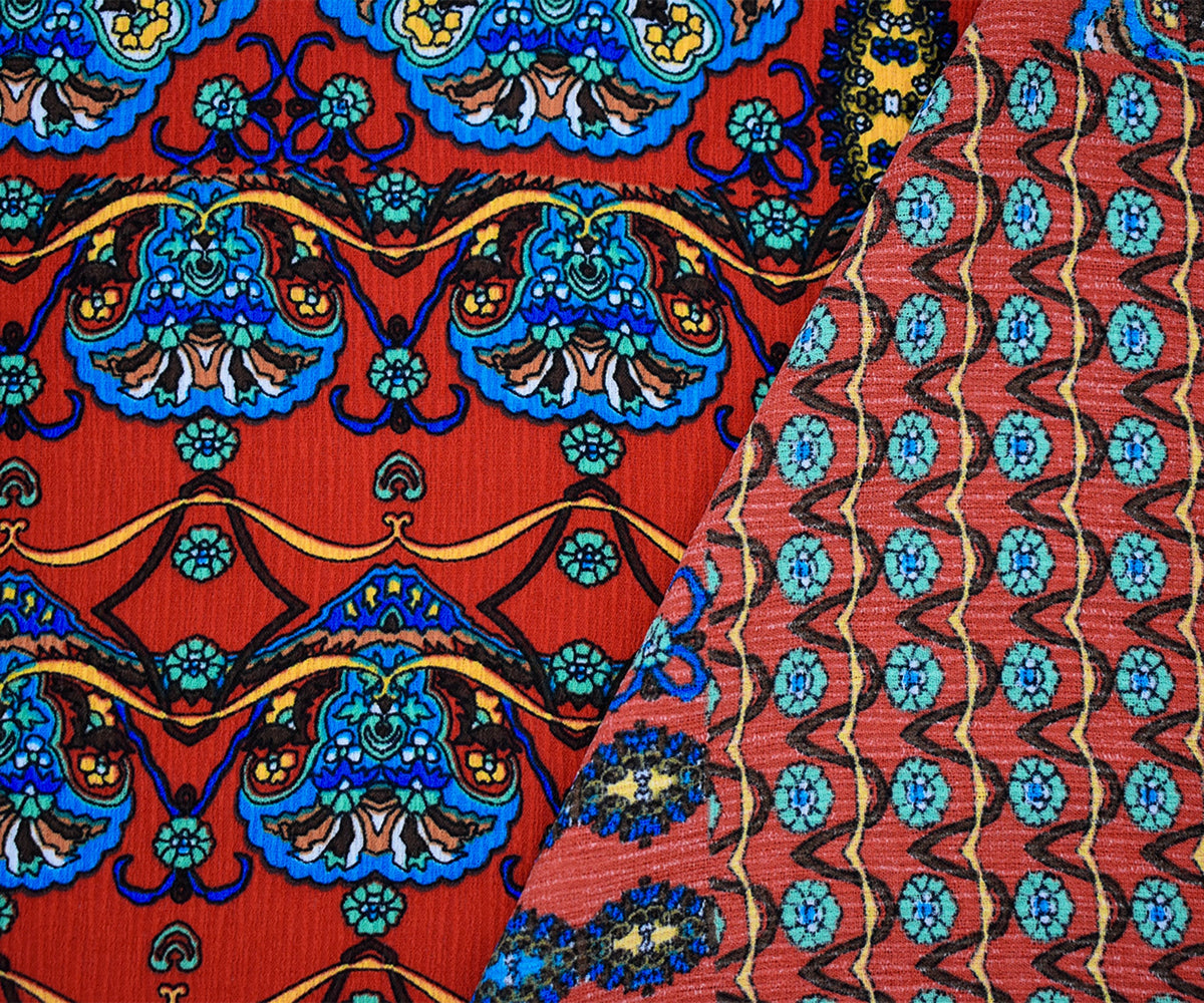 Orange-Teal Mandala Border Multi Pattern Printed Crinkle Crepe Woven Fabric