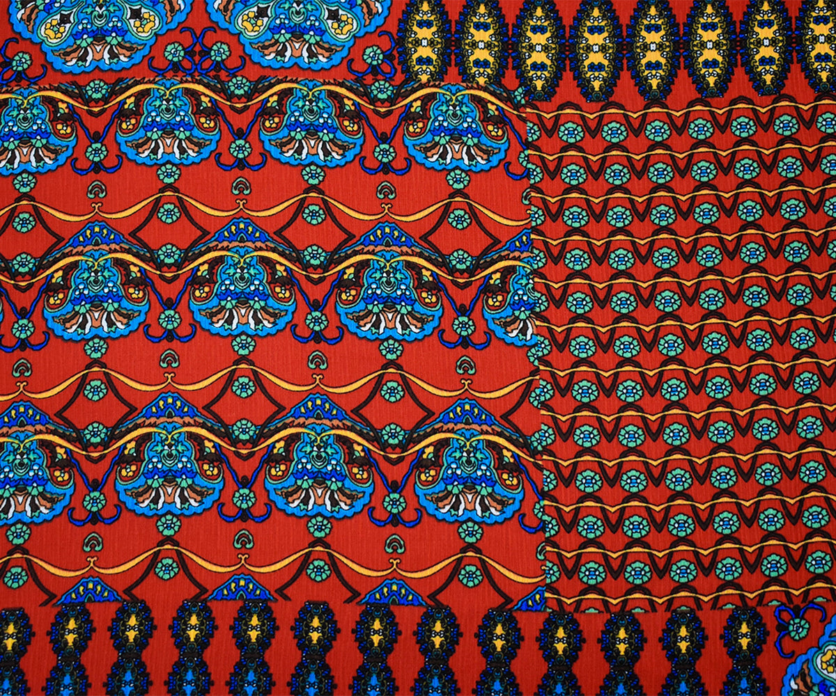 Orange-Teal Mandala Border Multi Pattern Printed Crinkle Crepe Woven Fabric