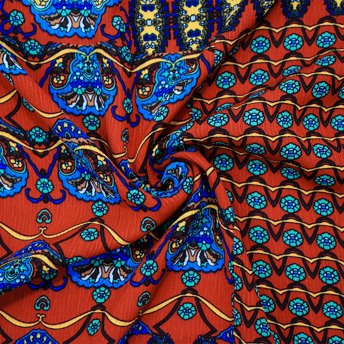 Orange-Teal Mandala Border Multi Pattern Printed Crinkle Crepe Woven Fabric