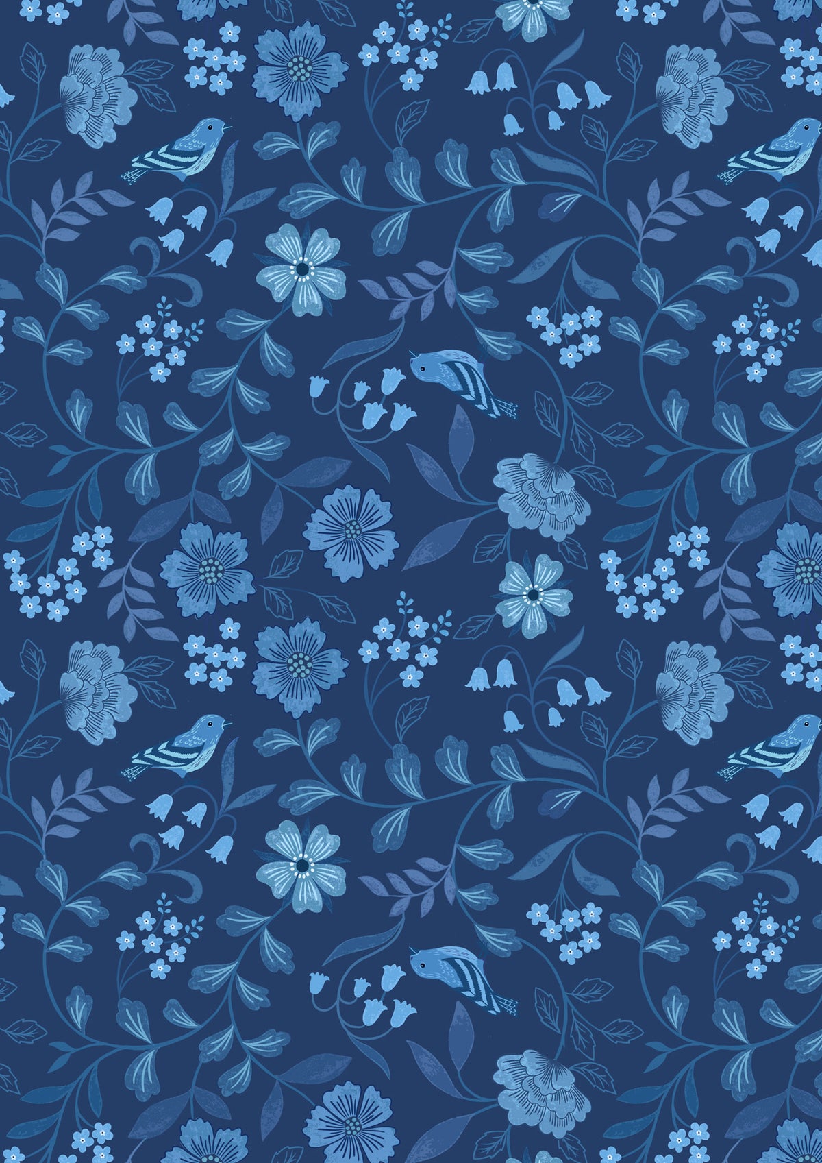 Countryside Birds on Dark Blue Cotton Wideback Fabric Per Yard