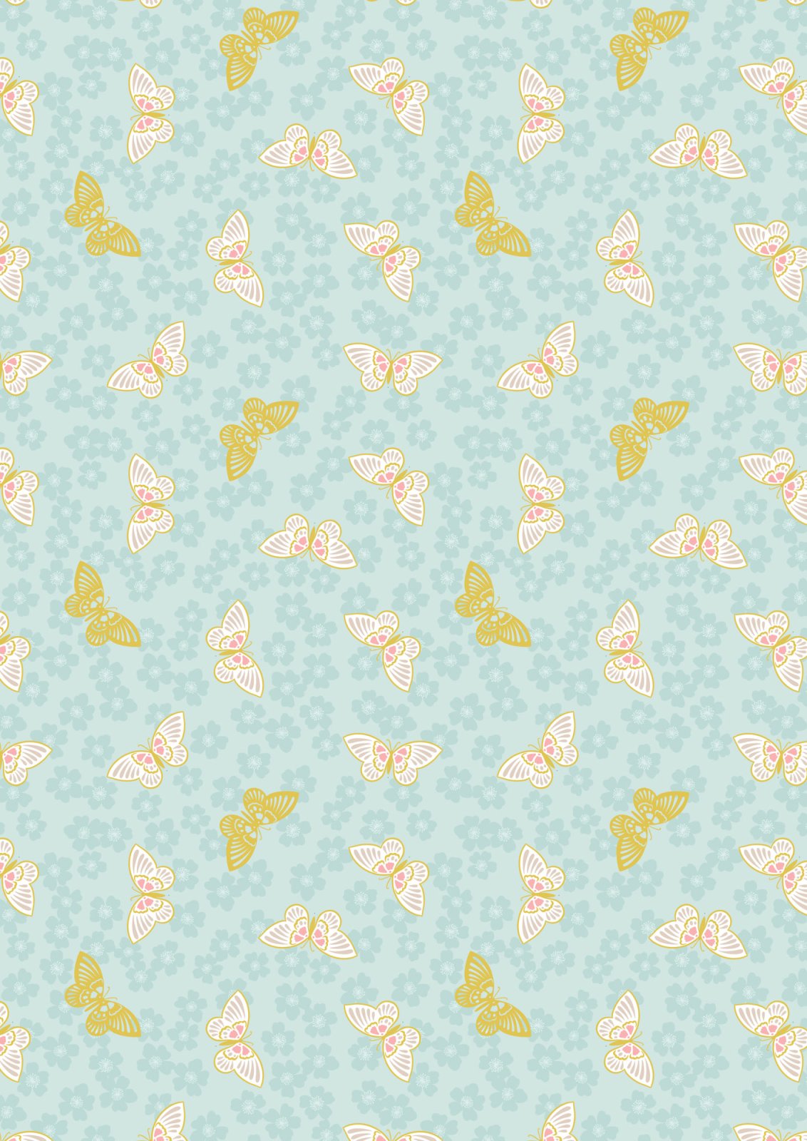 Lewis and Irene Sakura Butterflies quilting cotton on Light Blue with gold metallic