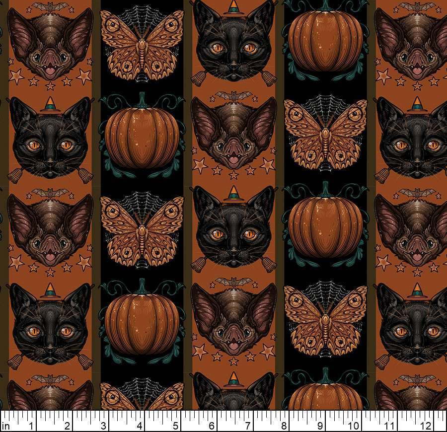 Mystic Moonlight Orange Halloween Stripes quilting fabric by Rachel Hauer for Free Spirit