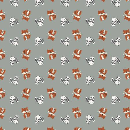 RJR Fabrics Forest Friends Foggy Playtime quilting fabric — woodland friends on foggy grey