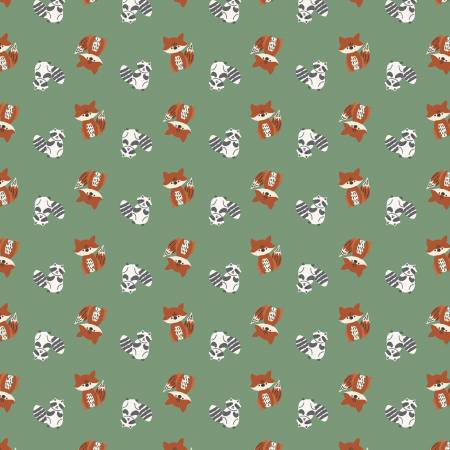RJR Fabrics Forest Friends Greenery Playtime quilting fabric — woodland friends on green