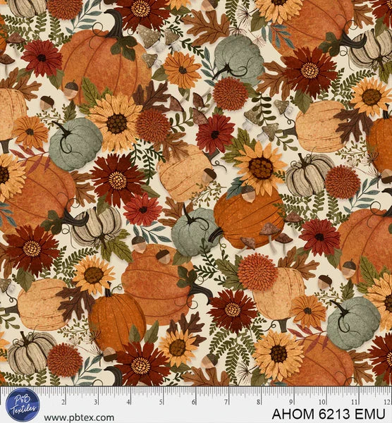 Autumn Homestead Packed Pumpkins Tan quilting fabric by P and B Textiles