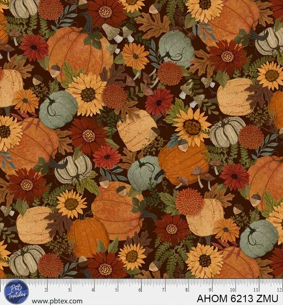 Autumn Homestead Packed Pumpkins Black quilting fabric by P and B Textiles