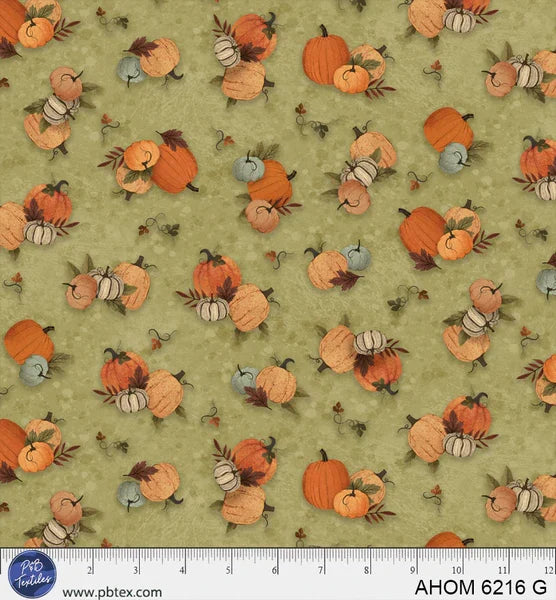 Autumn Homestead Tossed Pumpkins Green quilting fabric by P and B Textiles