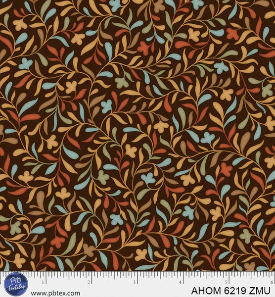 Autumn Homestead Allover Leaves Brown quilting fabric by P and B Textiles