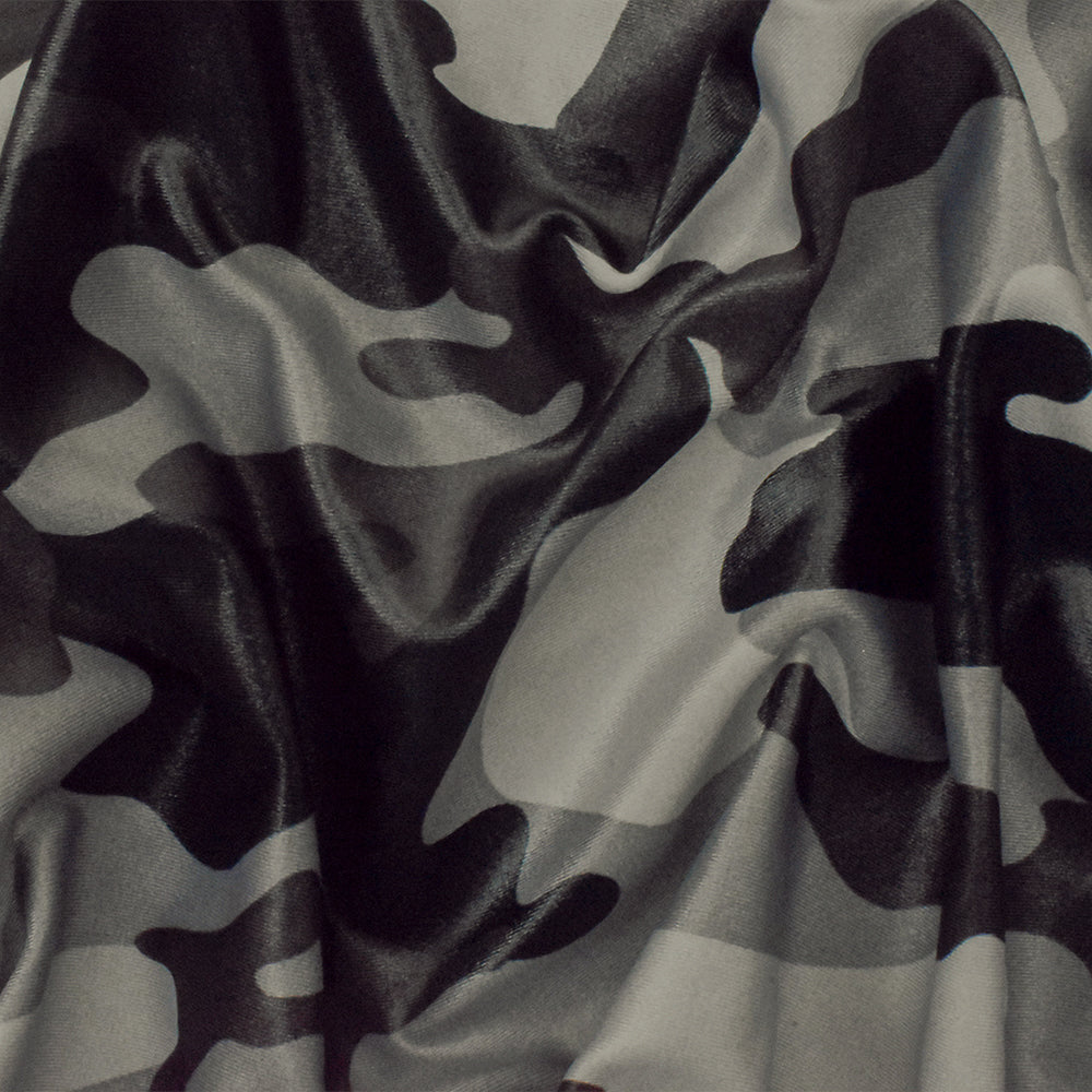 Gray-Black-Multi Famous Maker Camo Print Nylon Tricot Swimwear Knit Fabric