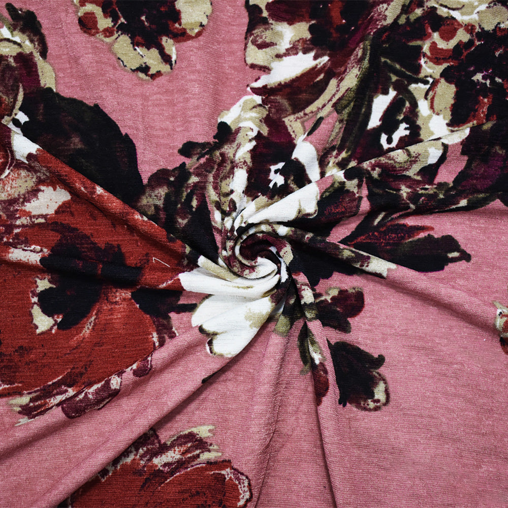 Pink-Red-Multi Poly Floral Printed Onion Skin Jersey Knit Fabric