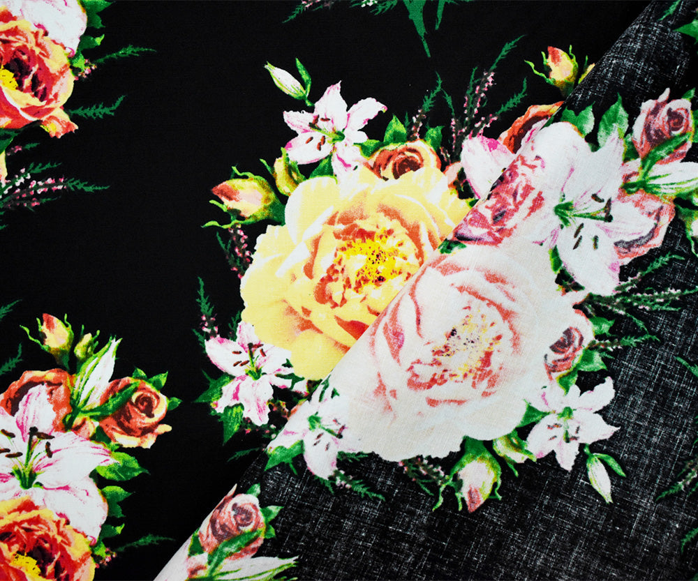 Black-Yellow-Multi Floral Printed Stretch Spandex Poplin Woven Fabric