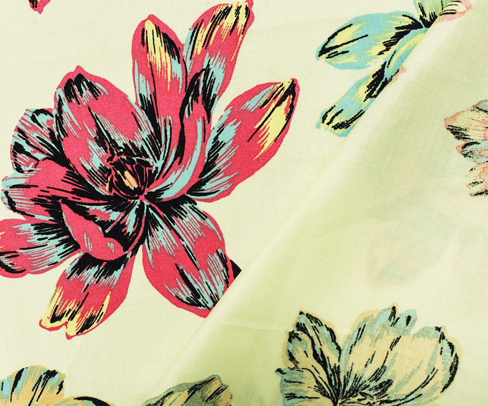 Light Yellow-Multi Cotton Floral Print Stretch Spandex Poplin Woven Fabric