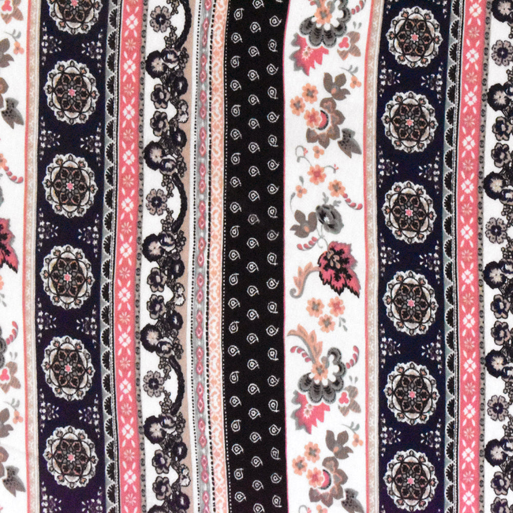Navy Blue-Ivory-Multi Mix Pattern Printed Rayon Stretch Jersey Knit Fabric